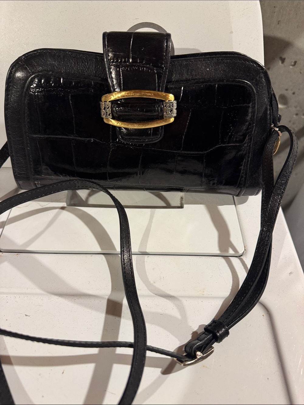 Brighton Black Croc-Embossed Leather Crossbody Bag with Gold Buckle brand new.